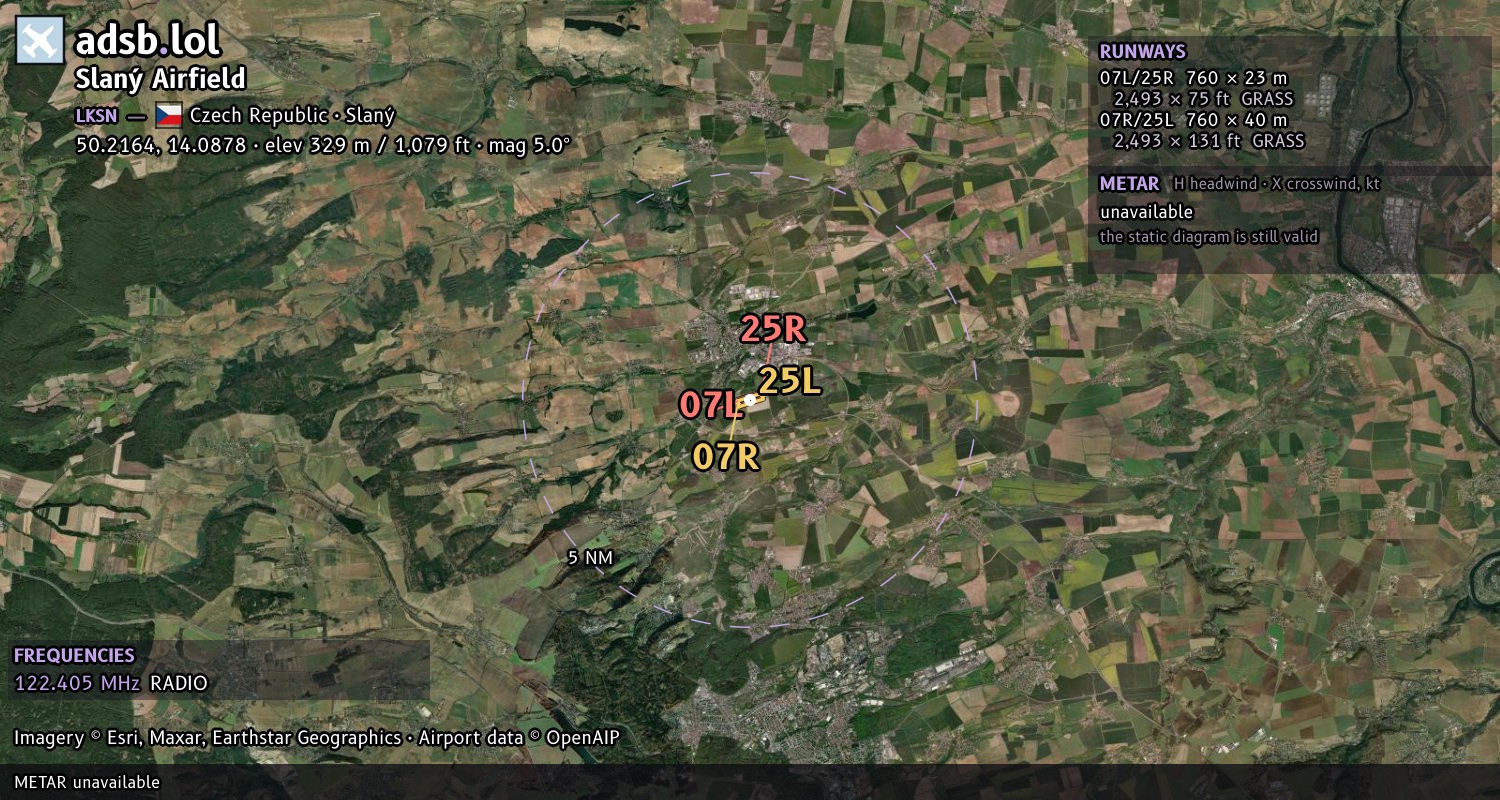 Satellite map with the runway layout of Slaný Airfield (LKSN)