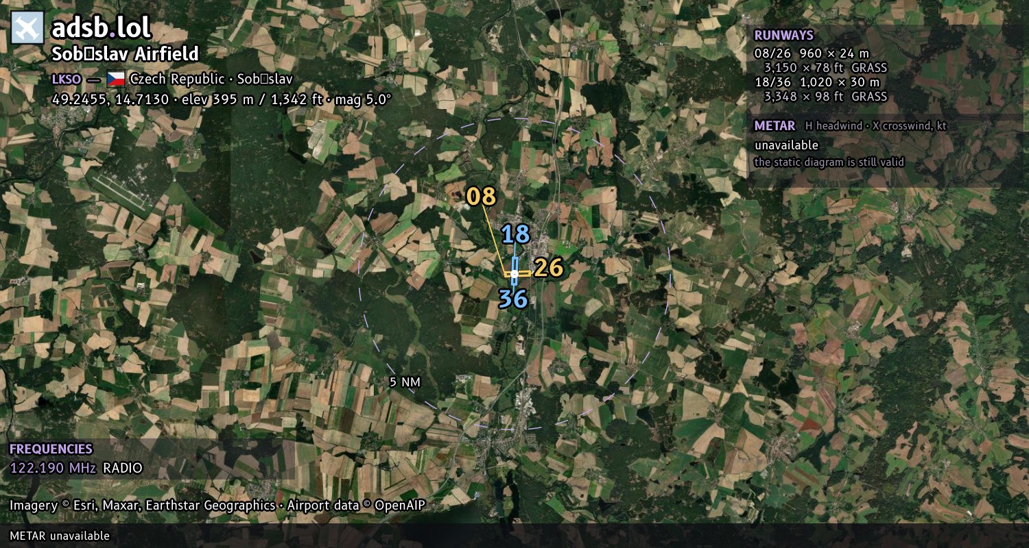 Satellite map with the runway layout of Soběslav Airfield (LKSO)