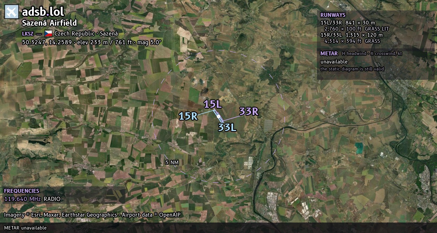 Satellite map with the runway layout of Sazená Airfield (LKSZ)