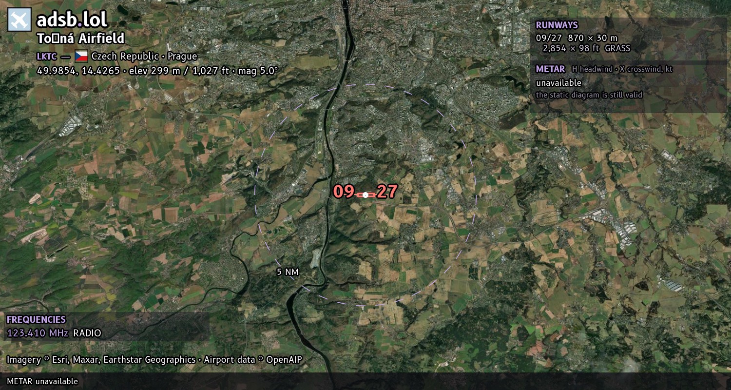 Satellite map with the runway layout of Točná Airfield (LKTC)