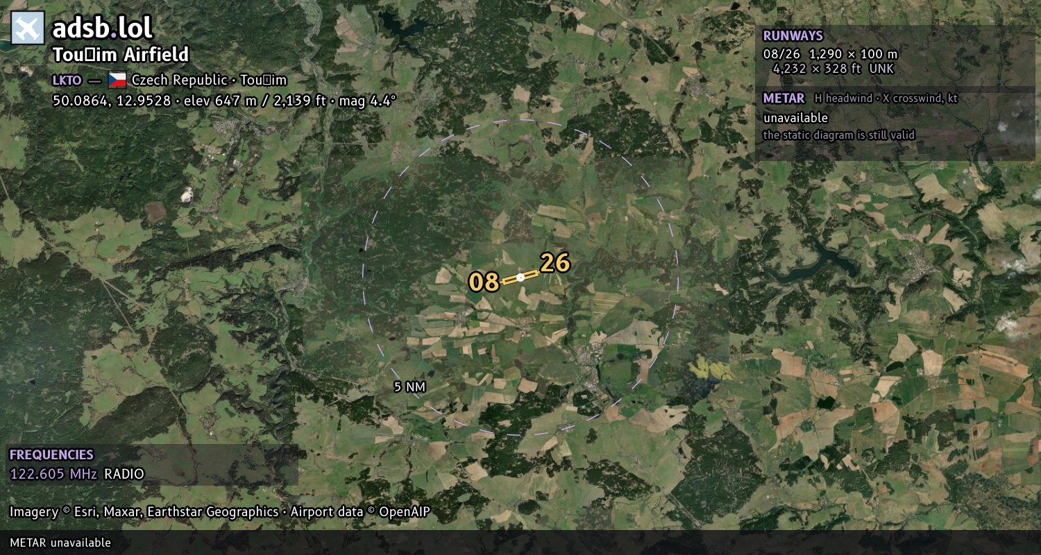 Satellite map with the runway layout of Toužim Airfield (LKTO)