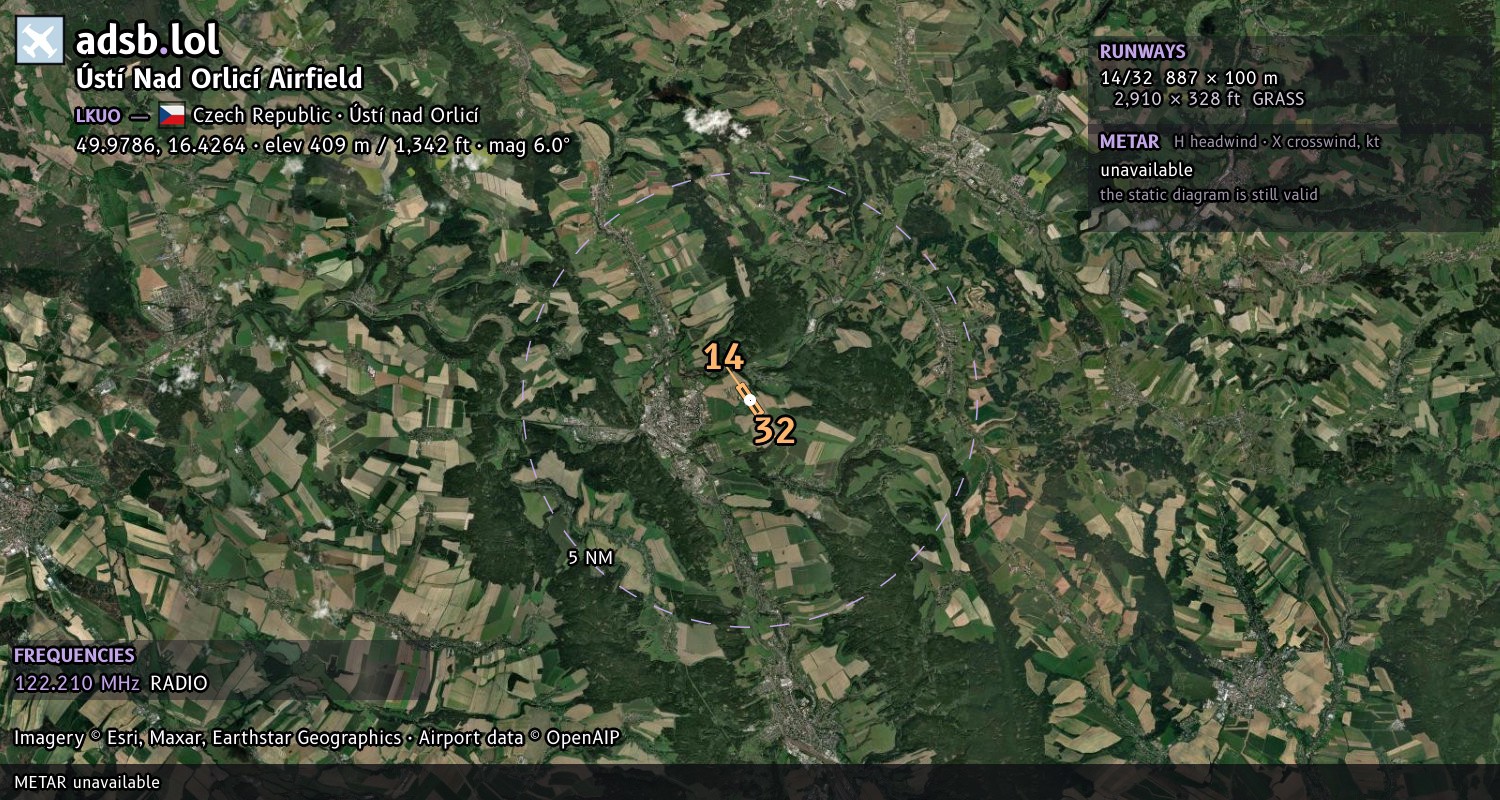 Satellite map with the runway layout of Ústí Nad Orlicí Airfield (LKUO)