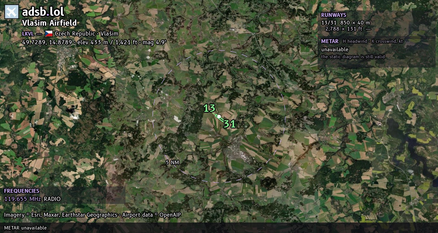 Satellite map with the runway layout of Vlašim Airfield (LKVL)