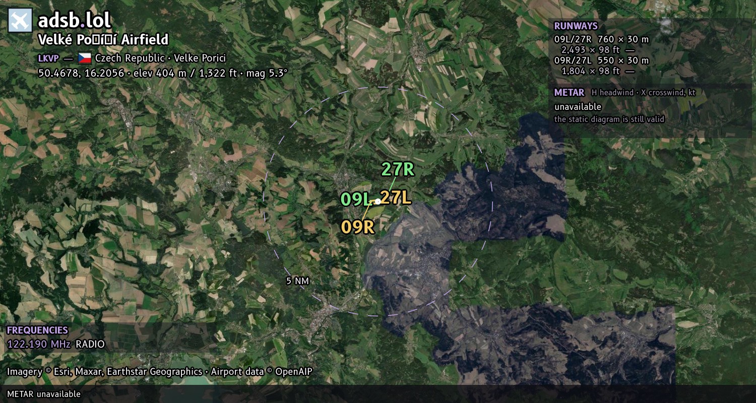Satellite map with the runway layout of Velké Poříčí Airfield (LKVP)