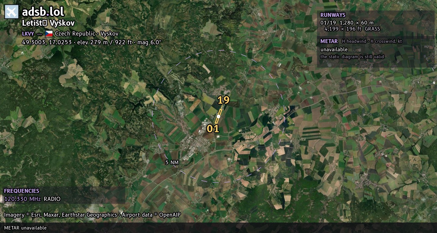 Satellite map with the runway layout of Letiště Vyškov (LKVY)