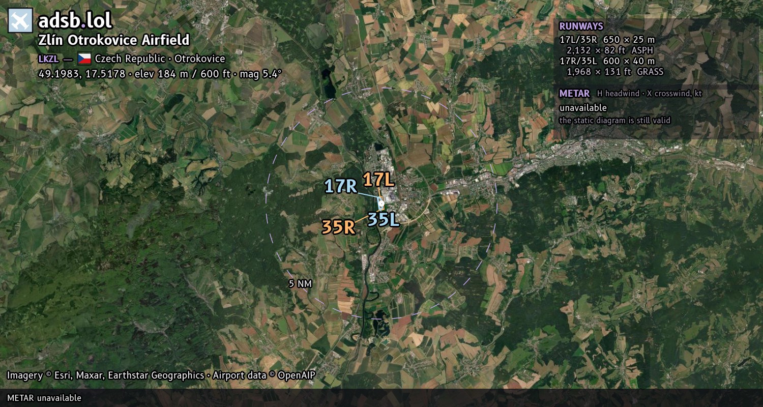 Satellite map with the runway layout of Zlín Otrokovice Airfield (LKZL)