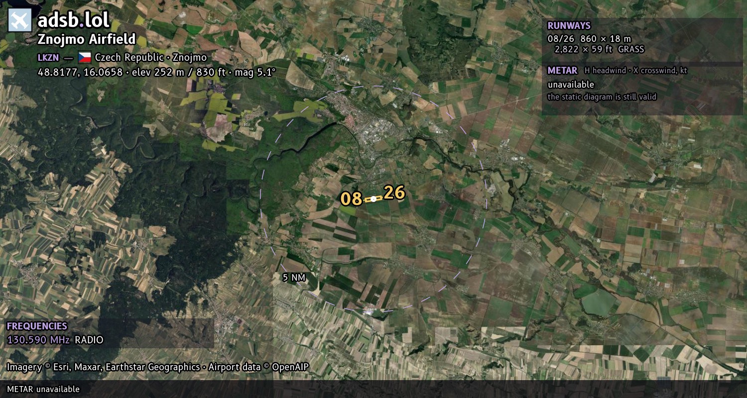 Satellite map with the runway layout of Znojmo Airfield (LKZN)