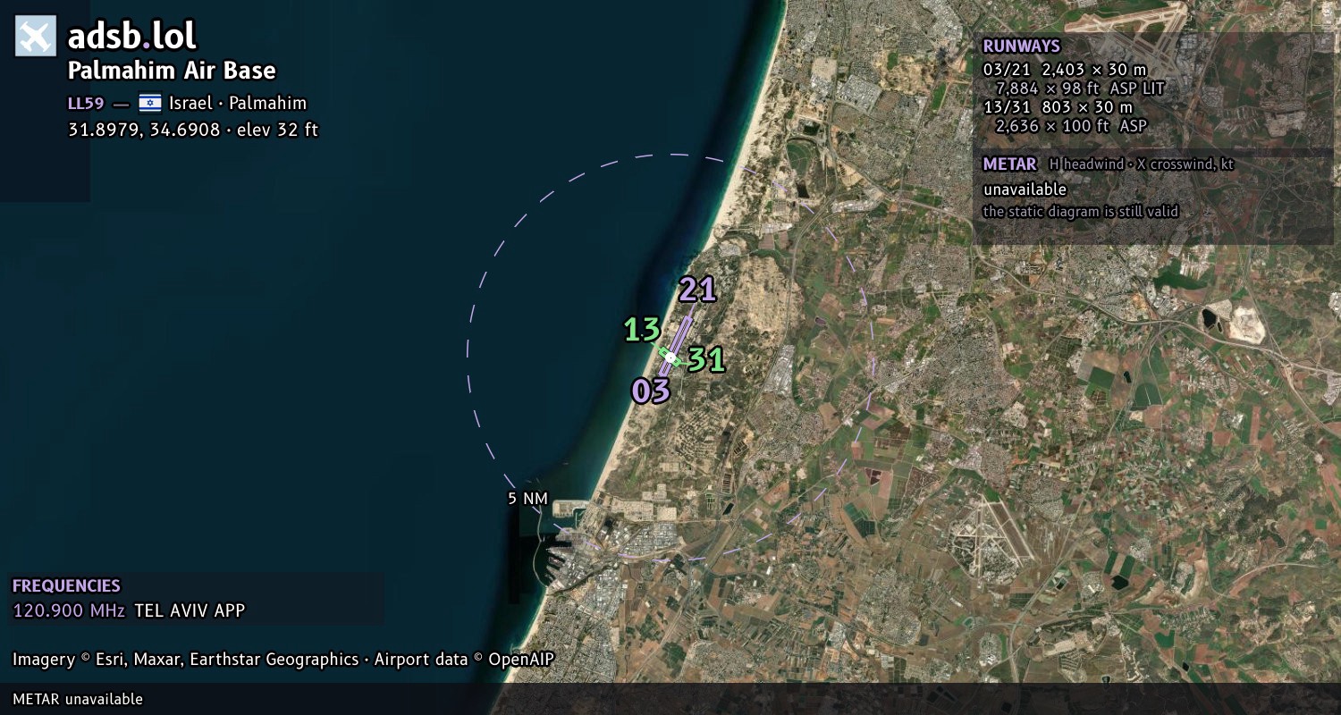 Satellite map with the runway layout of Palmahim Air Base (LL59)