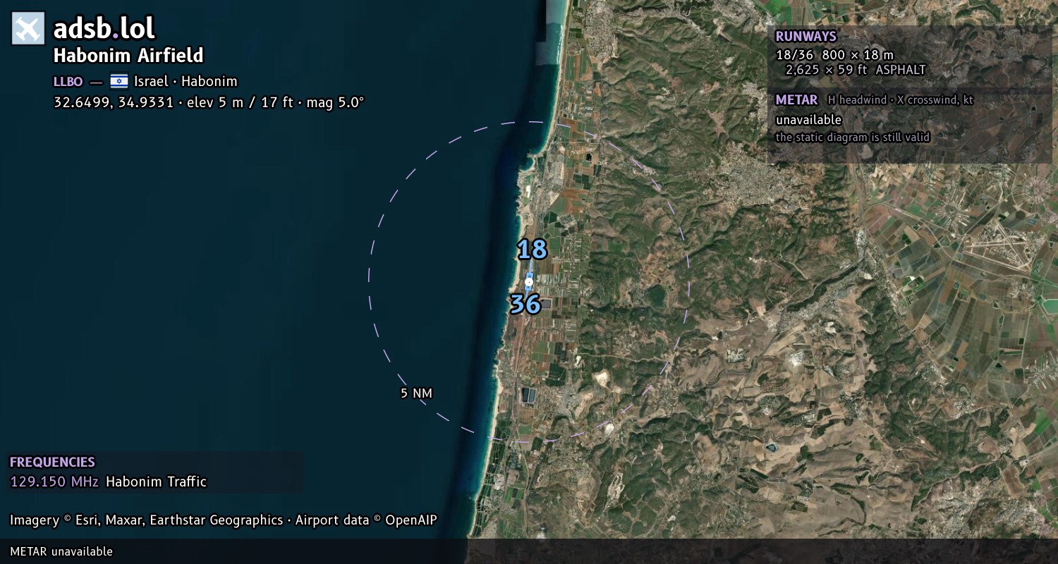 Satellite map with the runway layout of Habonim Airfield (LLBO)