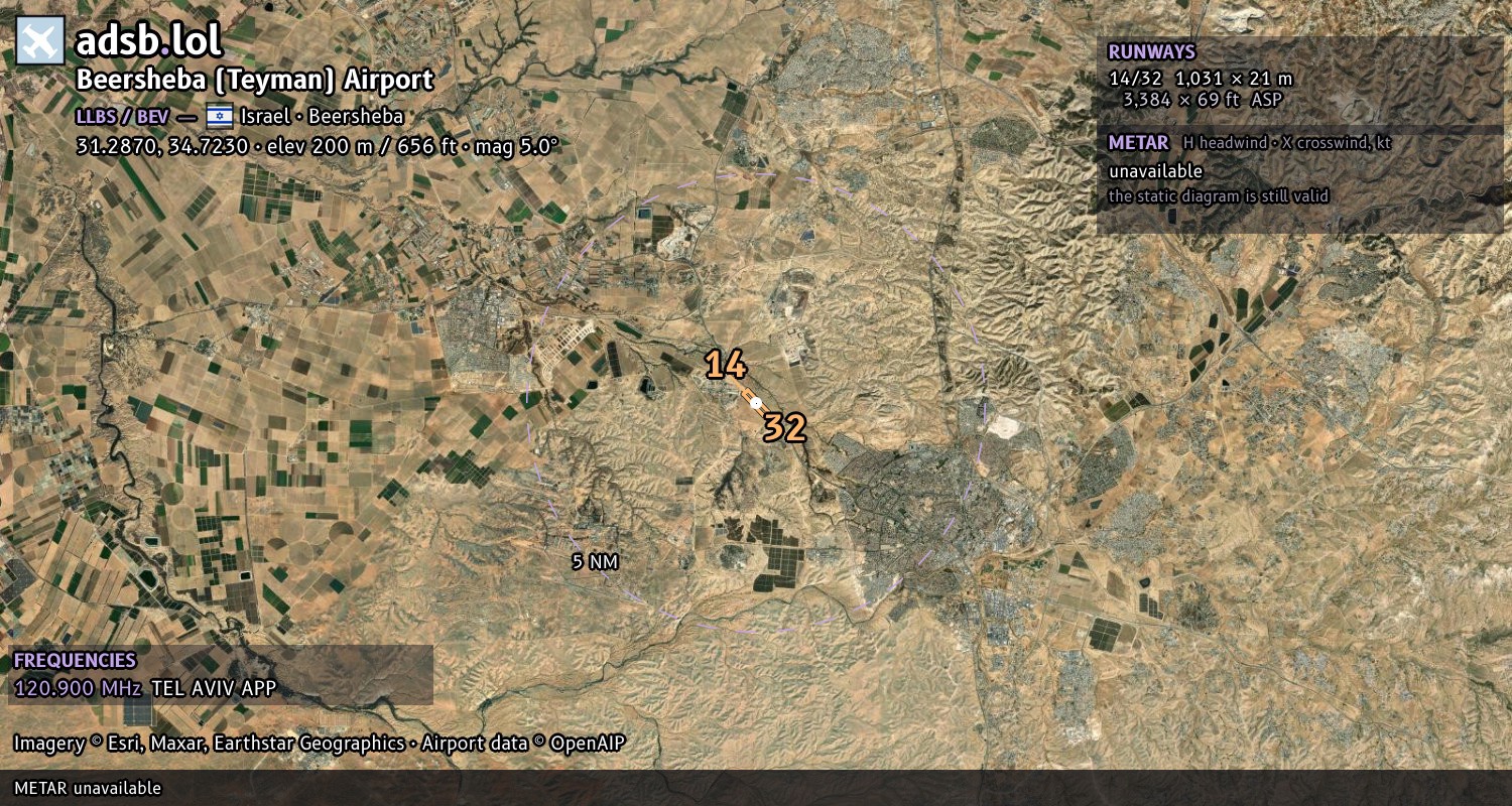 Satellite map with the runway layout of Beersheba (Teyman) Airport (LLBS)