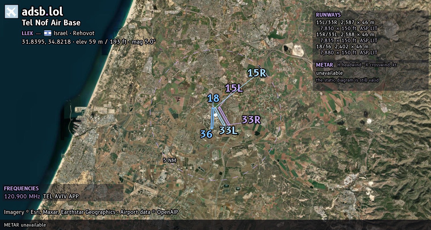 Satellite map with the runway layout of Tel Nof Air Base (LLEK)