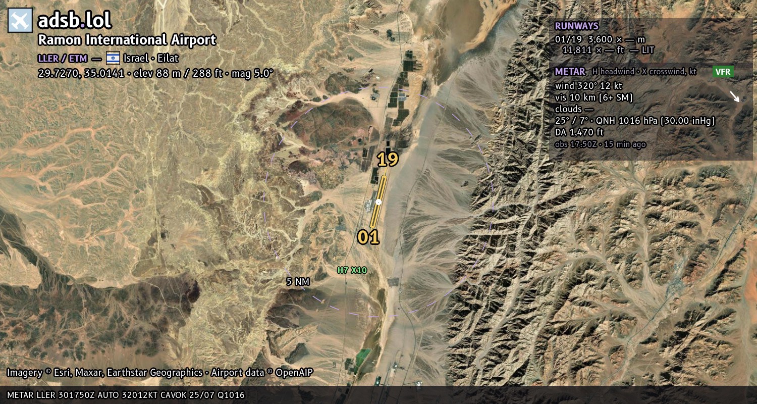 Satellite map with the runway layout of Ramon International Airport (LLER)
