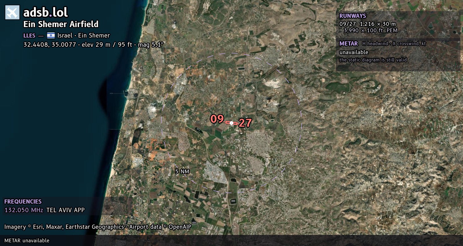 Satellite map with the runway layout of Ein Shemer Airfield (LLES)