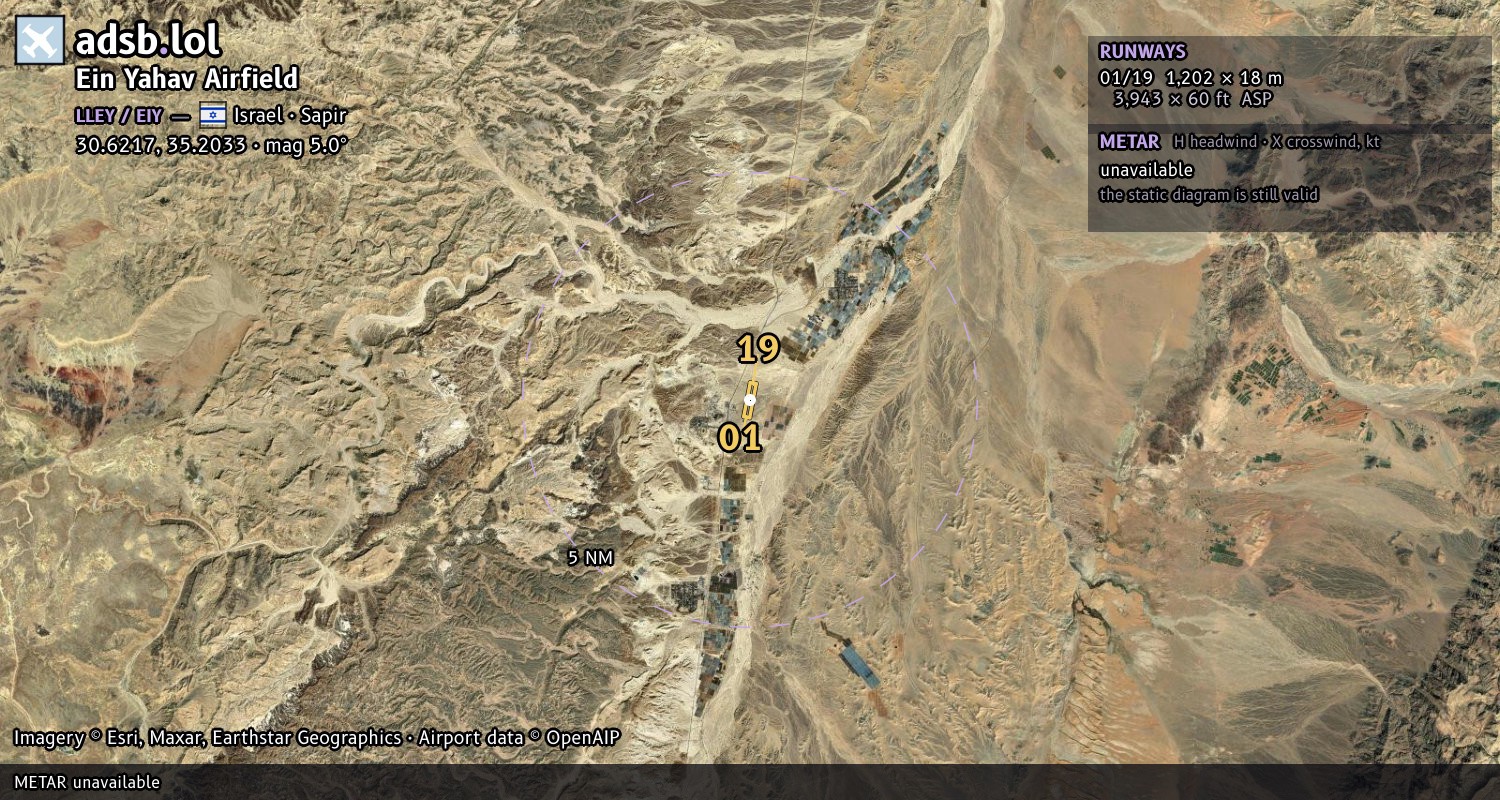 Satellite map with the runway layout of Ein Yahav Airfield (LLEY)