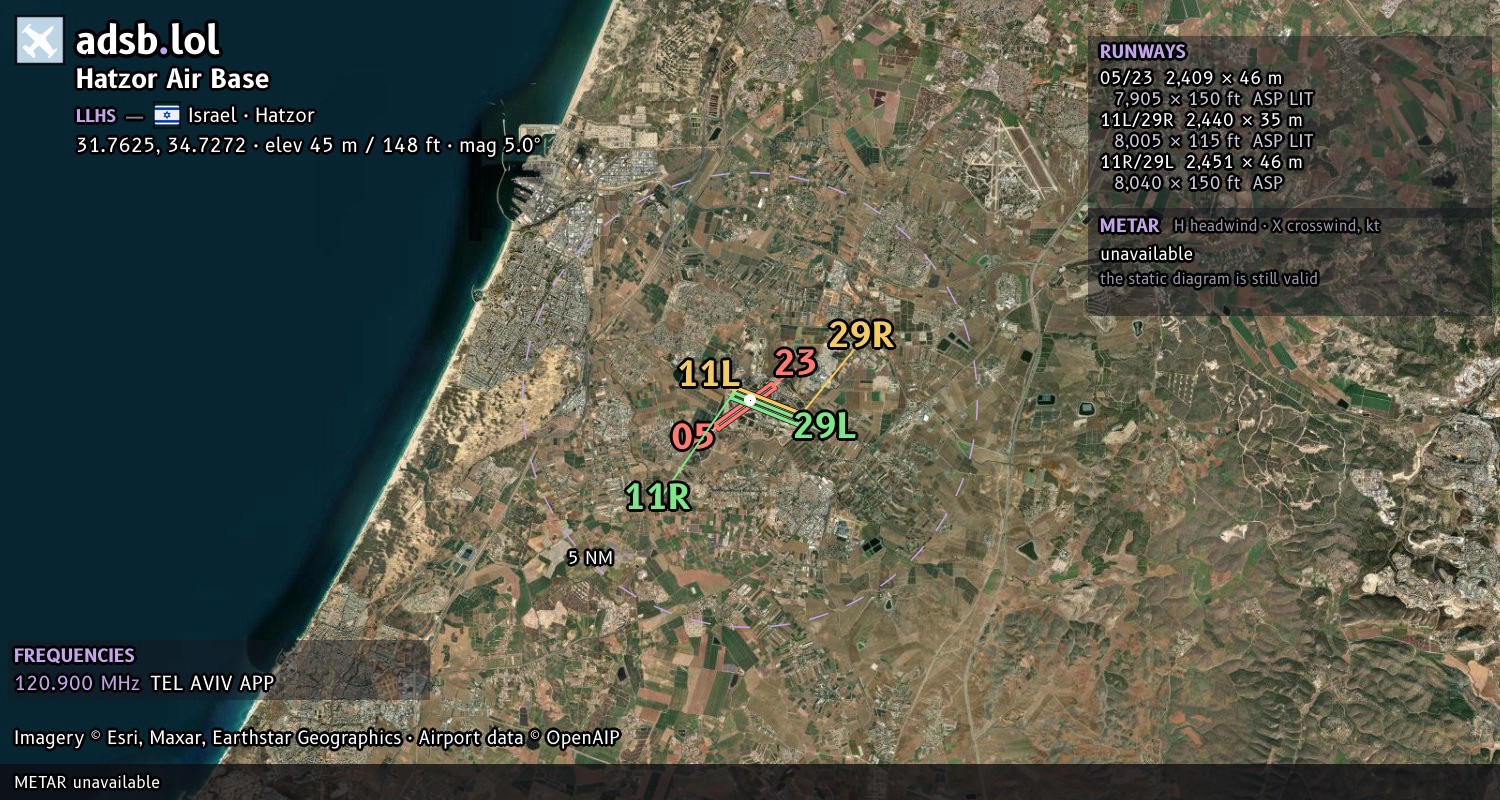 Satellite map with the runway layout of Hatzor Air Base (LLHS)