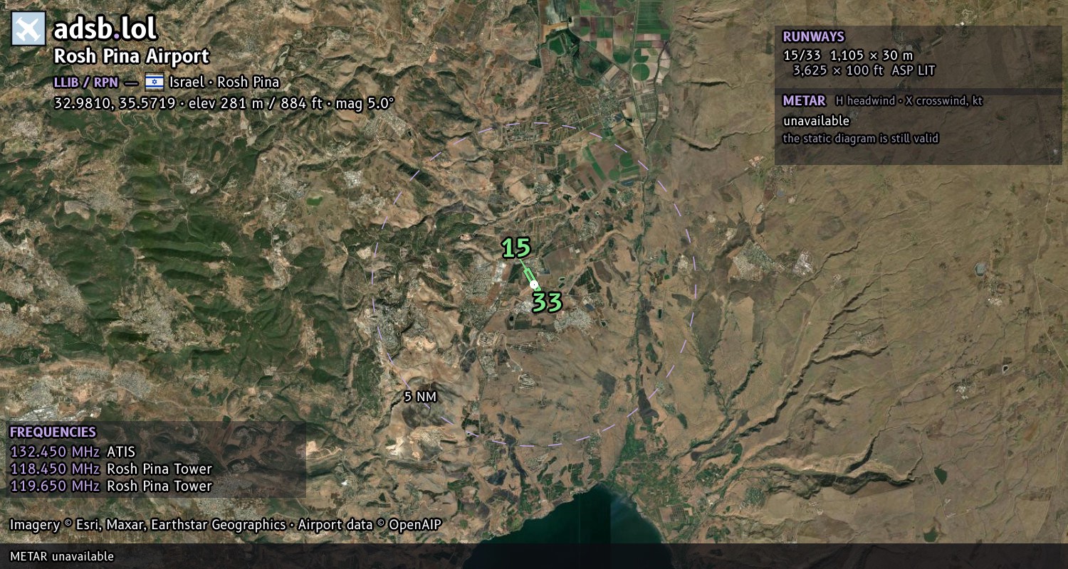 Satellite map with the runway layout of Rosh Pina Airport (LLIB)