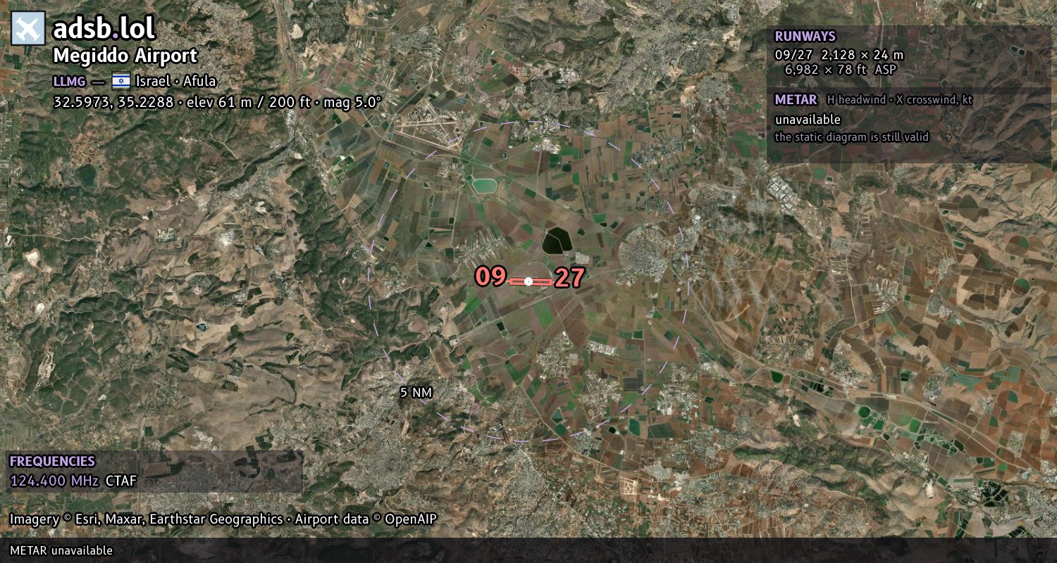 Satellite map with the runway layout of Megiddo Airport (LLMG)
