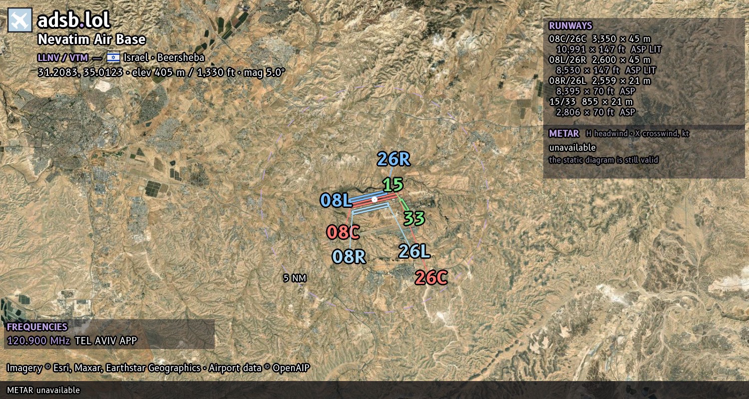 Satellite map with the runway layout of Nevatim Air Base (LLNV)
