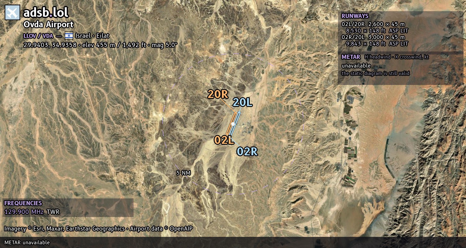 Satellite map with the runway layout of Ovda Airport (LLOV)