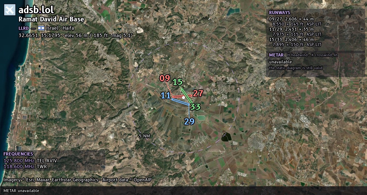 Satellite map with the runway layout of Ramat David Air Base (LLRD)