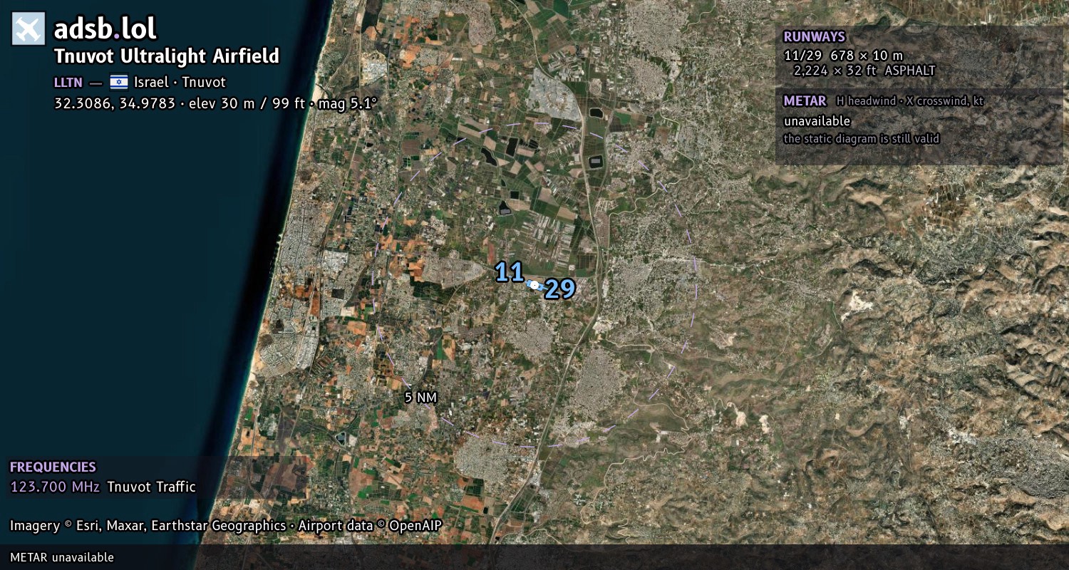Satellite map with the runway layout of Tnuvot Ultralight Airfield (LLTN)
