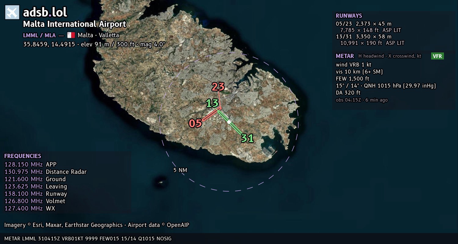 Satellite map with the runway layout of Malta International Airport (LMML)