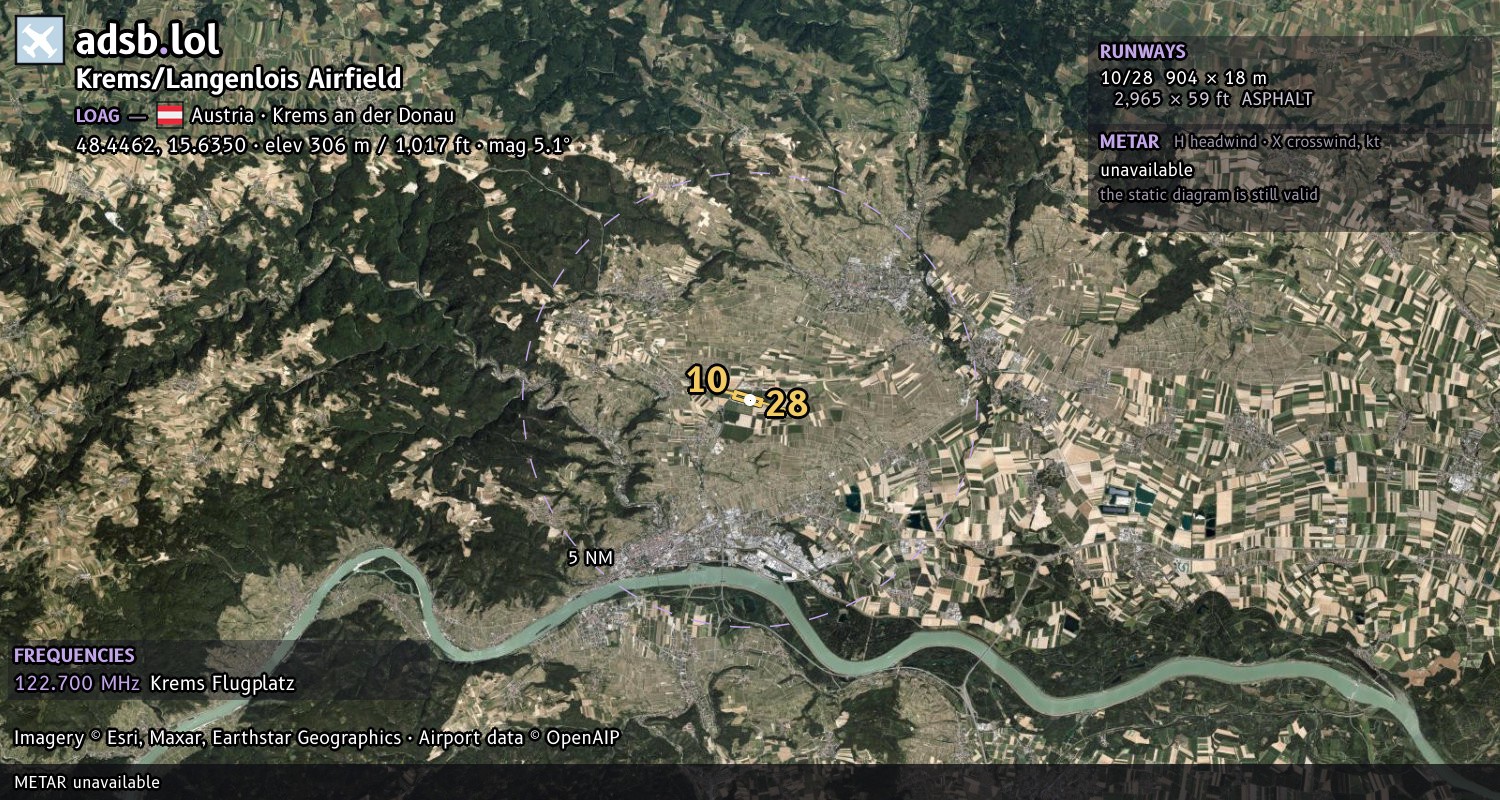 Satellite map with the runway layout of Krems/Langenlois Airfield (LOAG)