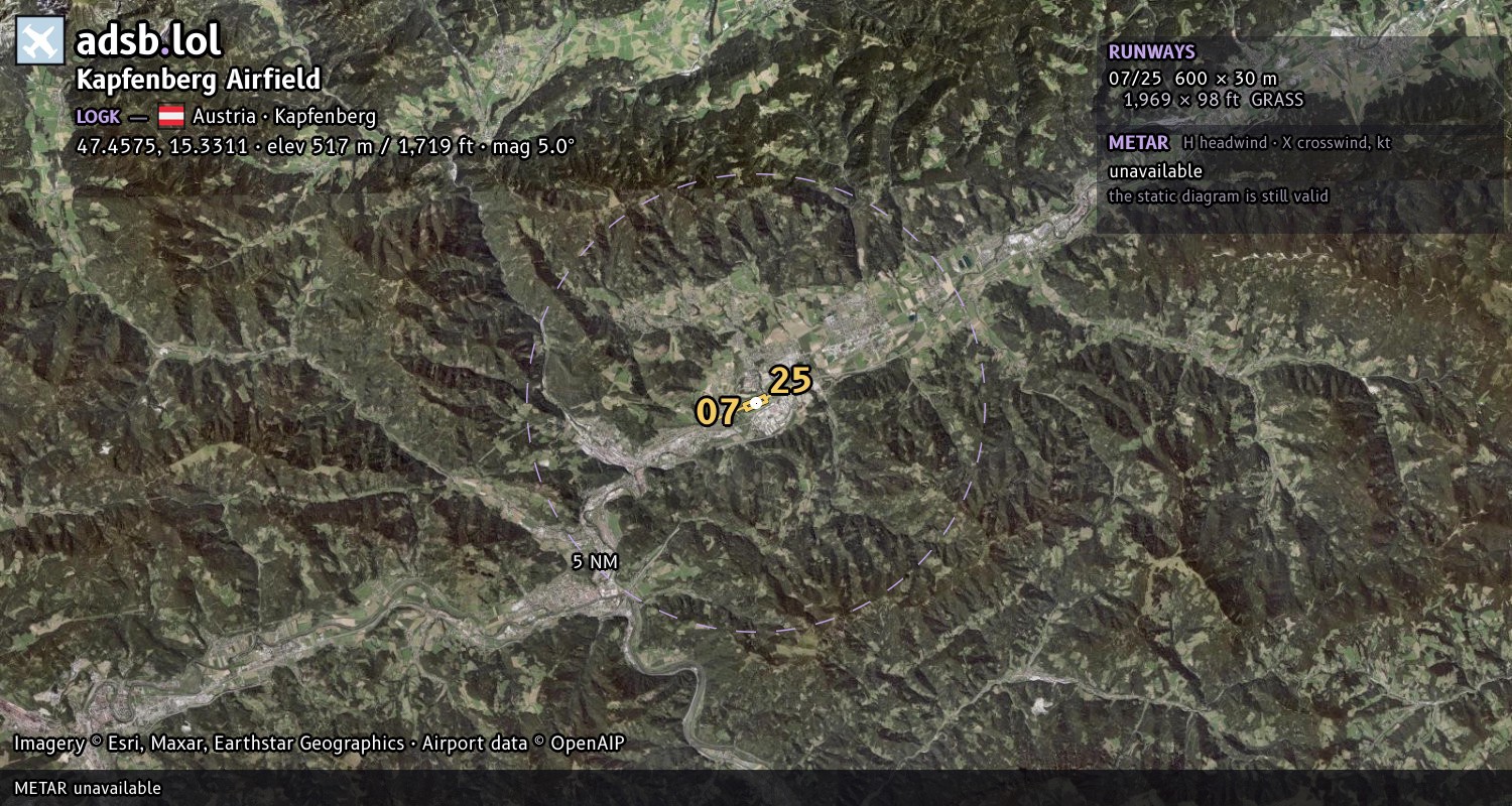 Satellite map with the runway layout of Kapfenberg Airfield (LOGK)
