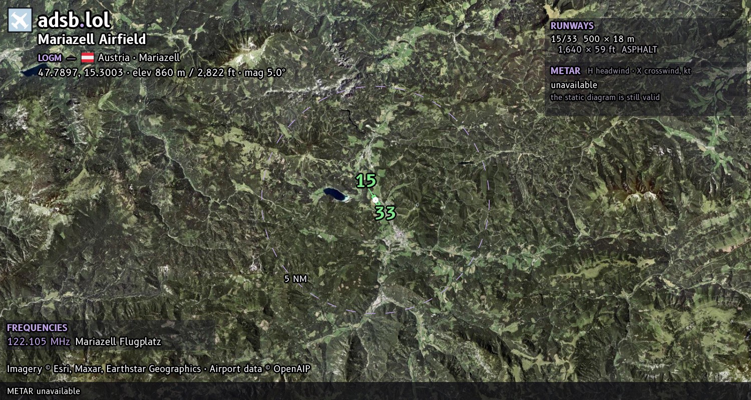 Satellite map with the runway layout of Mariazell Airfield (LOGM)