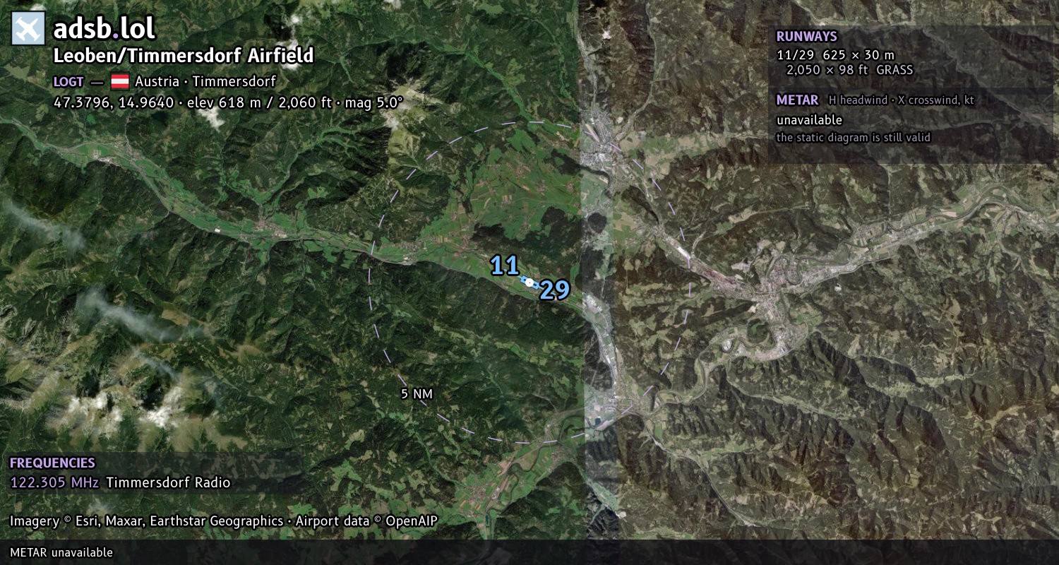 Satellite map with the runway layout of Leoben/Timmersdorf Airfield (LOGT)