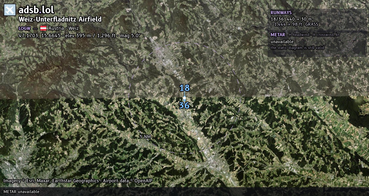 Satellite map with the runway layout of Weiz-Unterfladnitz Airfield (LOGW)