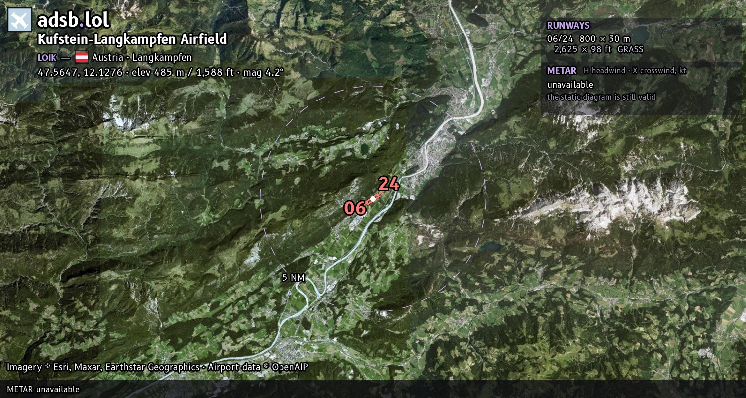 Satellite map with the runway layout of Kufstein-Langkampfen Airfield (LOIK)