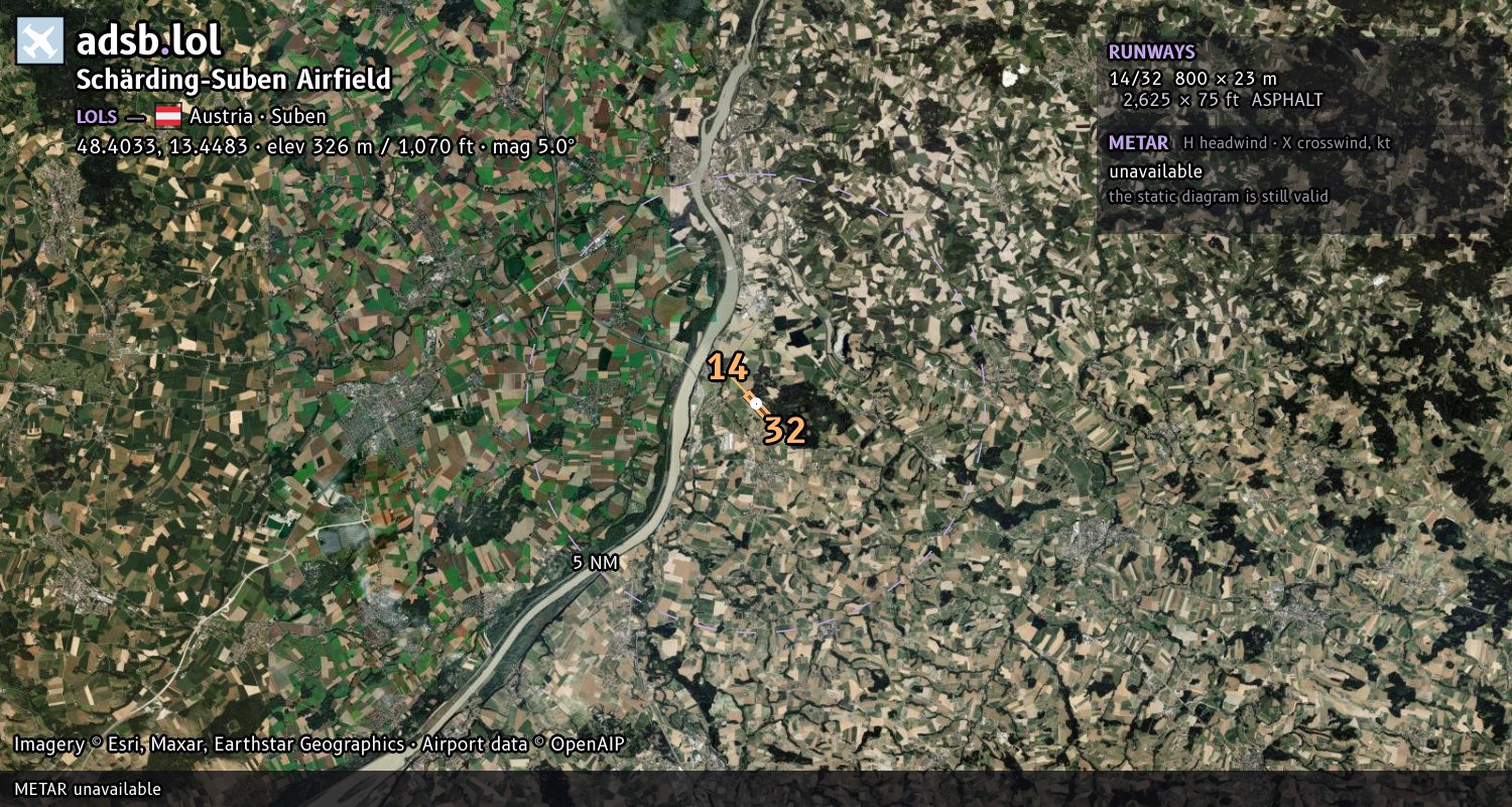 Satellite map with the runway layout of Schärding-Suben Airfield (LOLS)