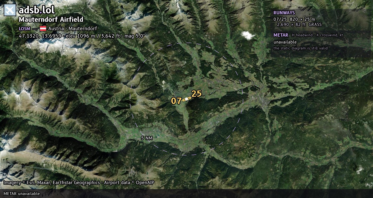 Satellite map with the runway layout of Mauterndorf Airfield (LOSM)