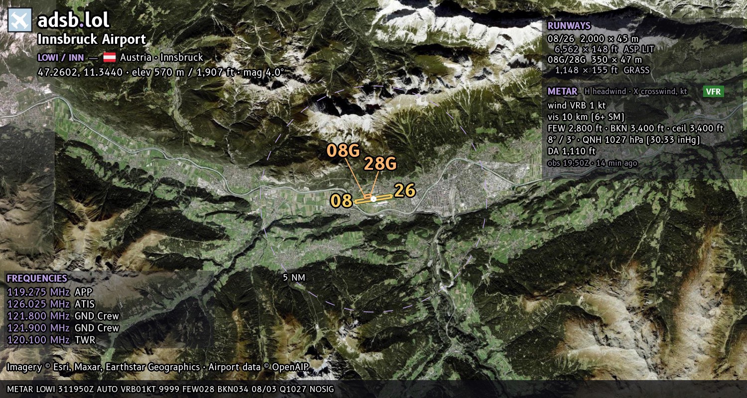 Satellite map with the runway layout of Innsbruck Airport (LOWI)