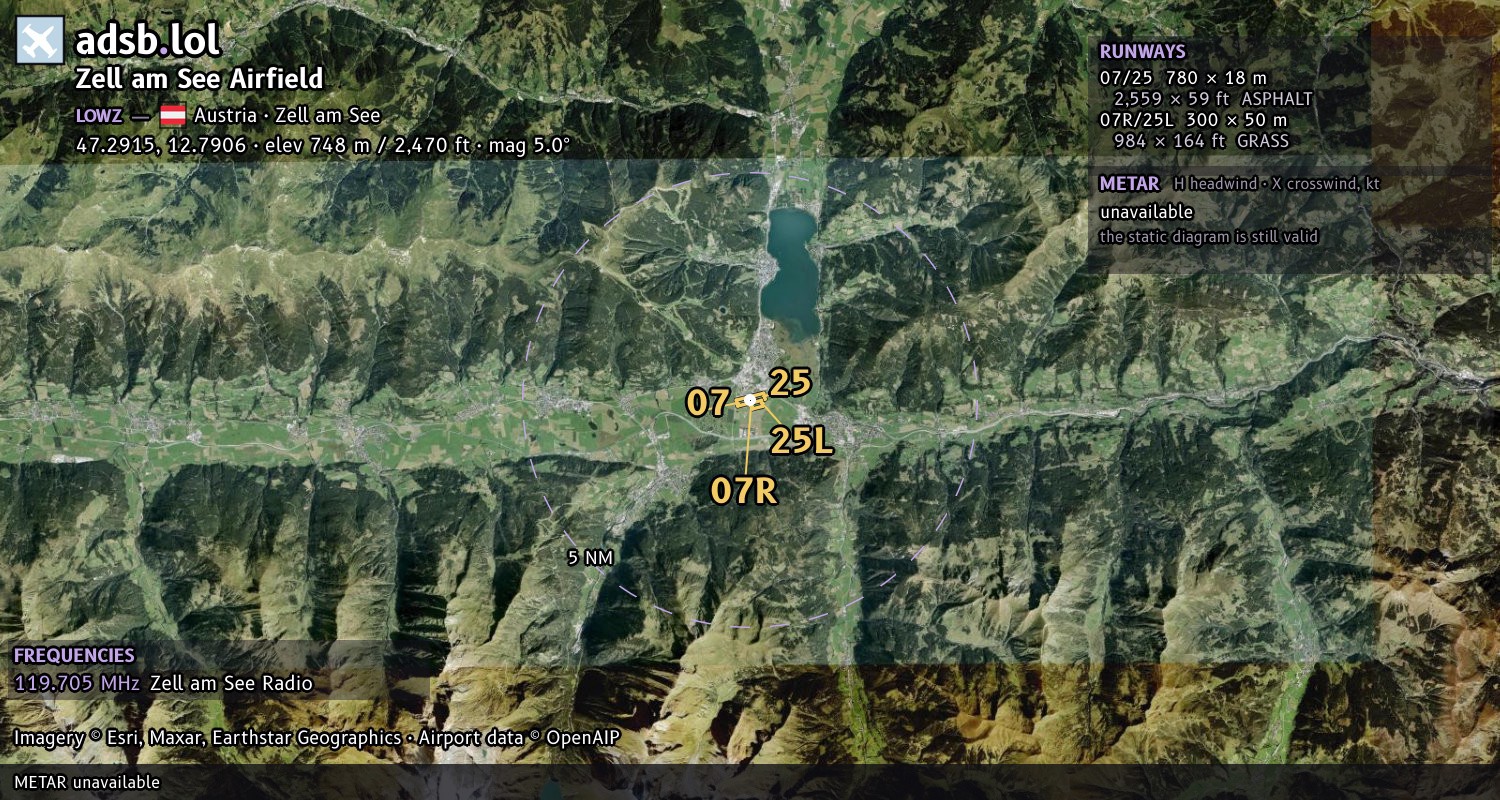 Satellite map with the runway layout of Zell am See Airfield (LOWZ)