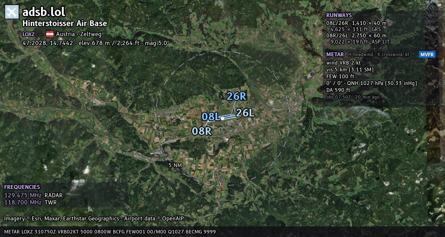 Satellite map with the runway layout of Hinterstoisser Air Base (LOXZ)