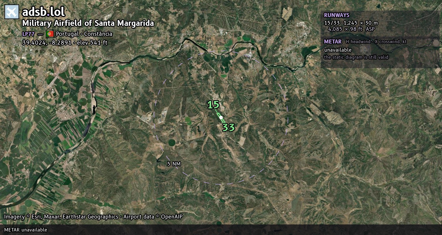 Satellite map with the runway layout of Military Airfield of Santa Margarida (LP77)