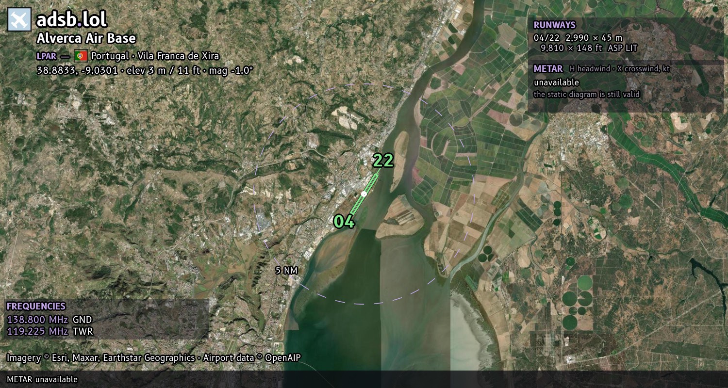 Satellite map with the runway layout of Alverca Air Base (LPAR)