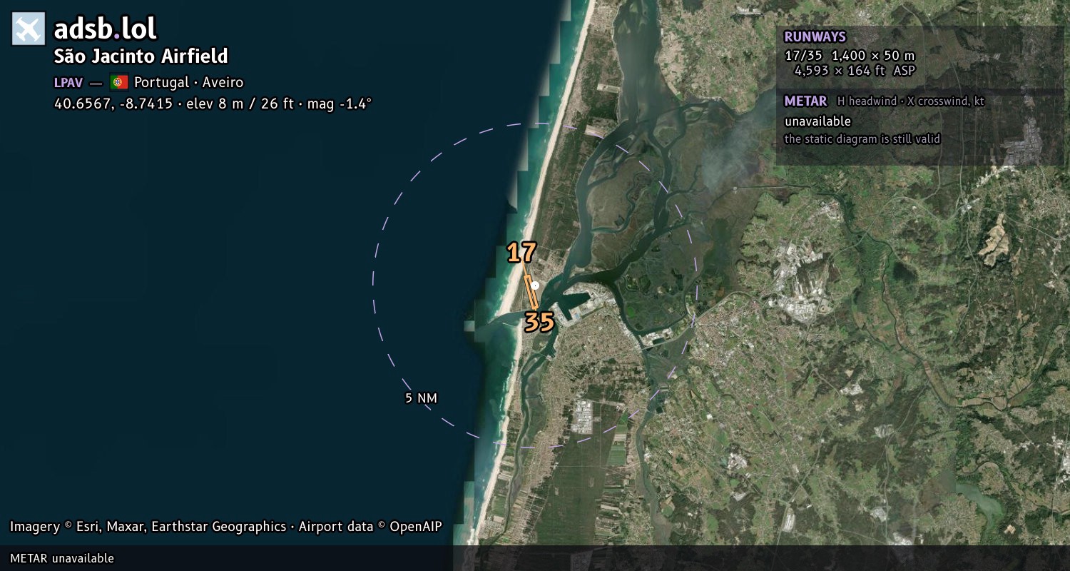 Satellite map with the runway layout of São Jacinto Airfield (LPAV)