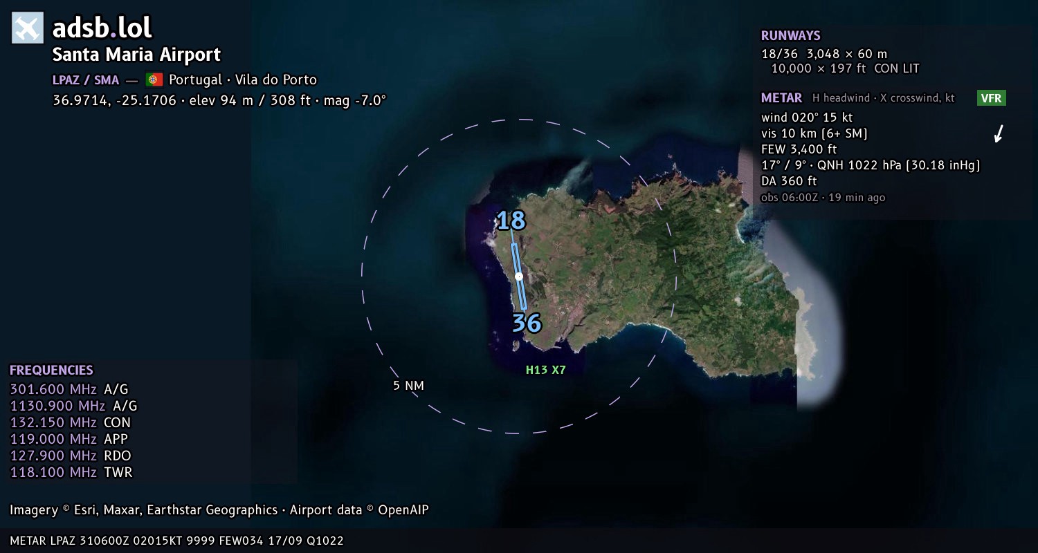 Satellite map with the runway layout of Santa Maria Airport (LPAZ)