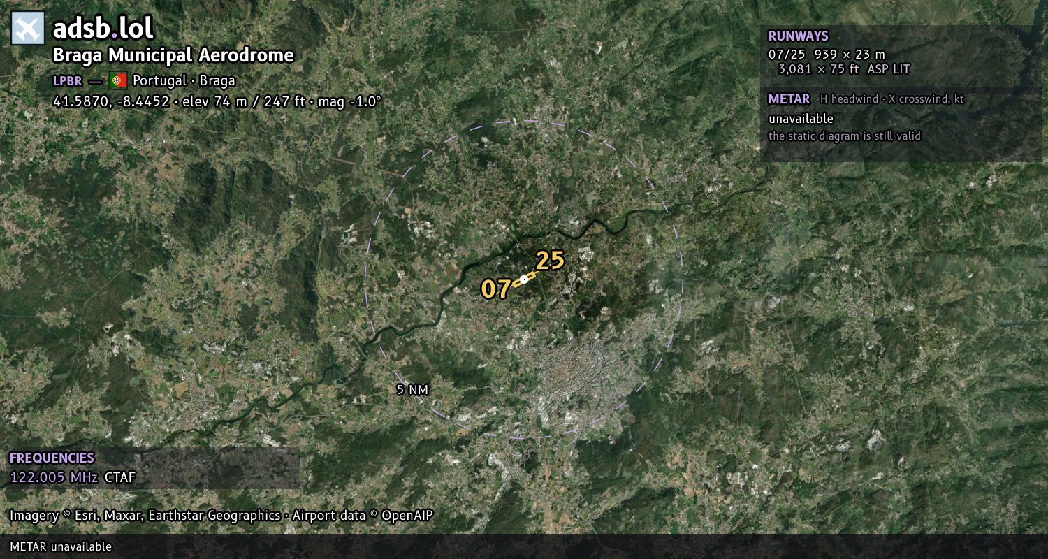 Satellite map with the runway layout of Braga Municipal Aerodrome (LPBR)