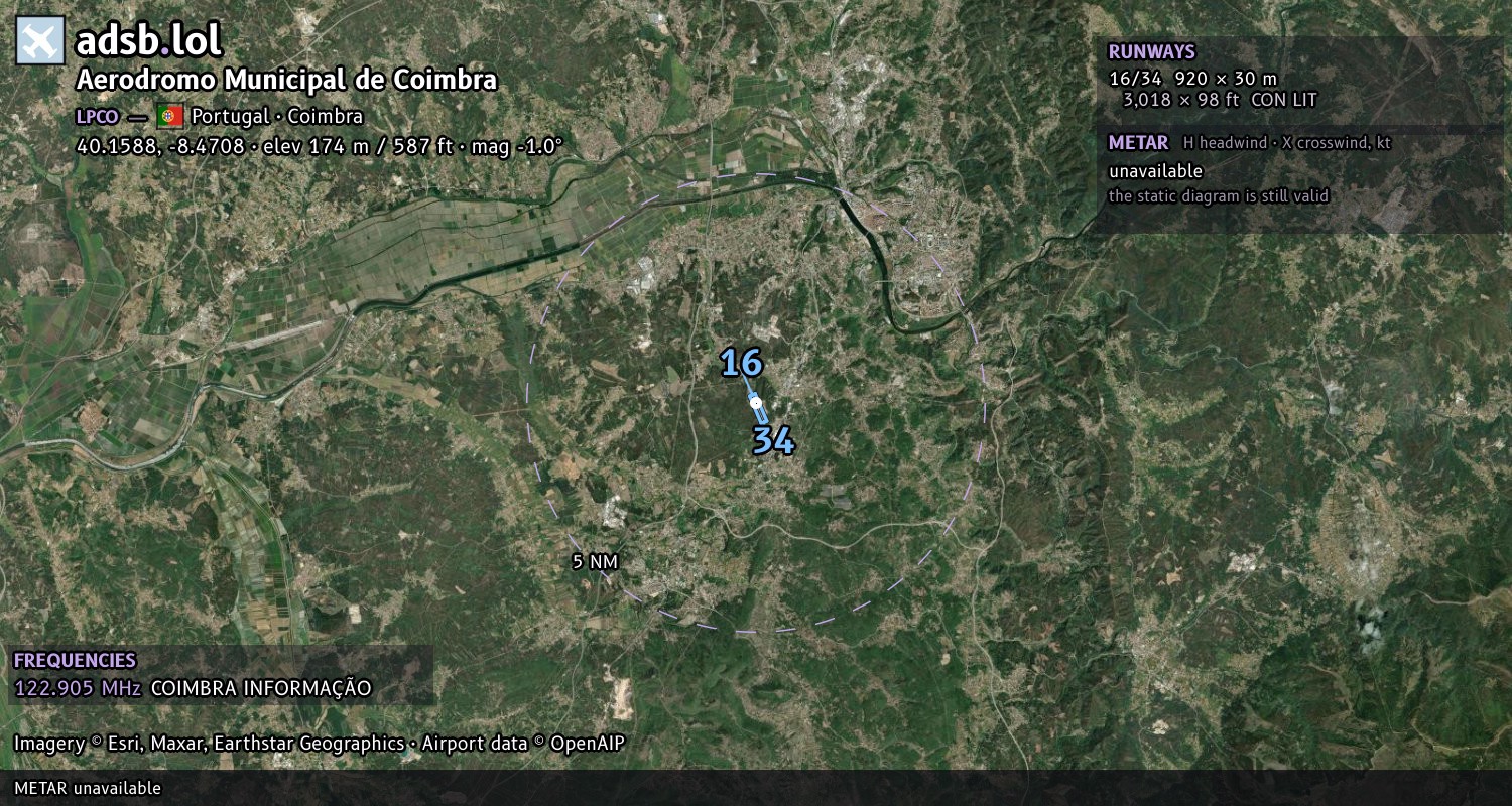 Satellite map with the runway layout of Aerodromo Municipal de Coimbra (LPCO)