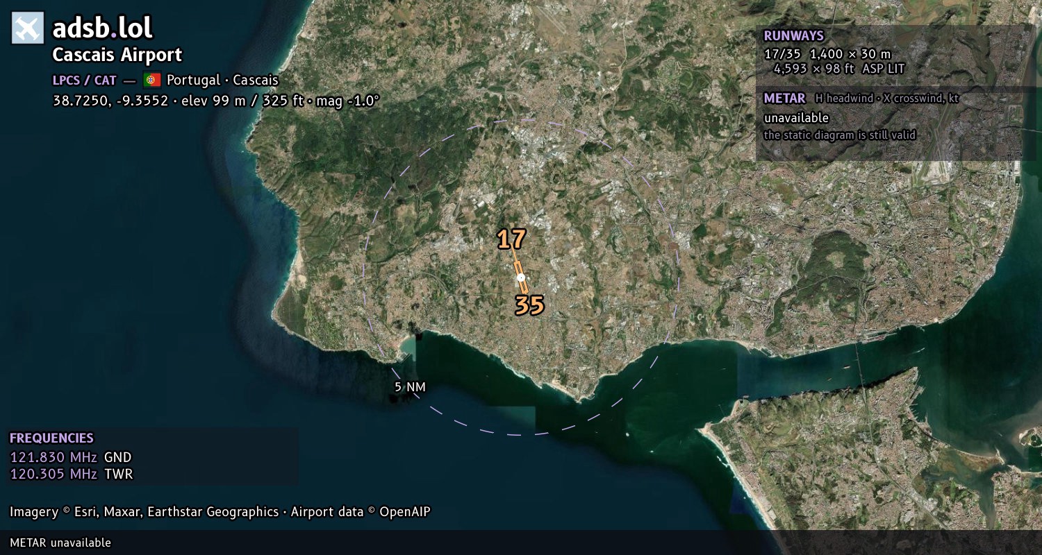 Satellite map with the runway layout of Cascais Airport (LPCS)