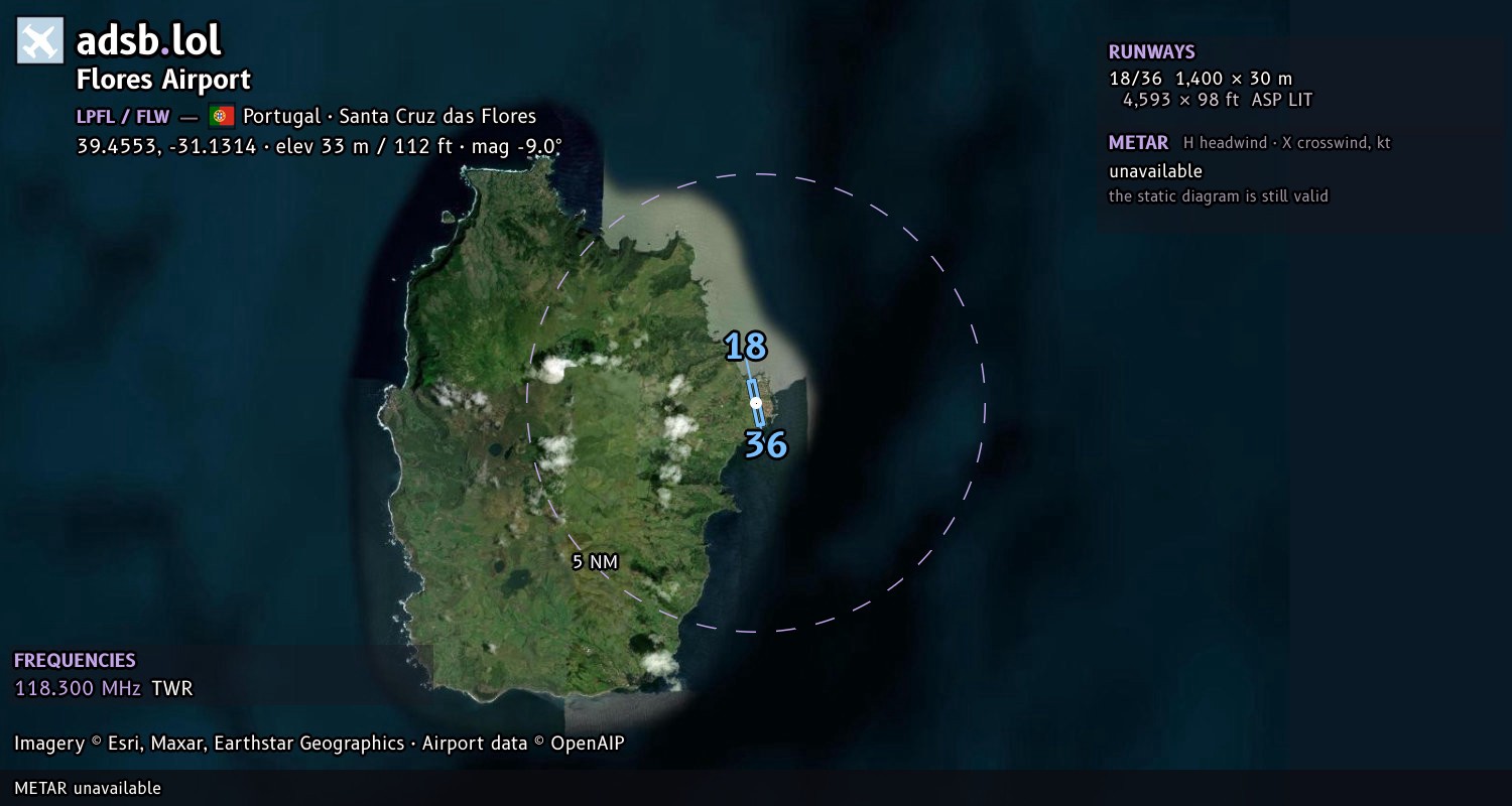 Satellite map with the runway layout of Flores Airport (LPFL)