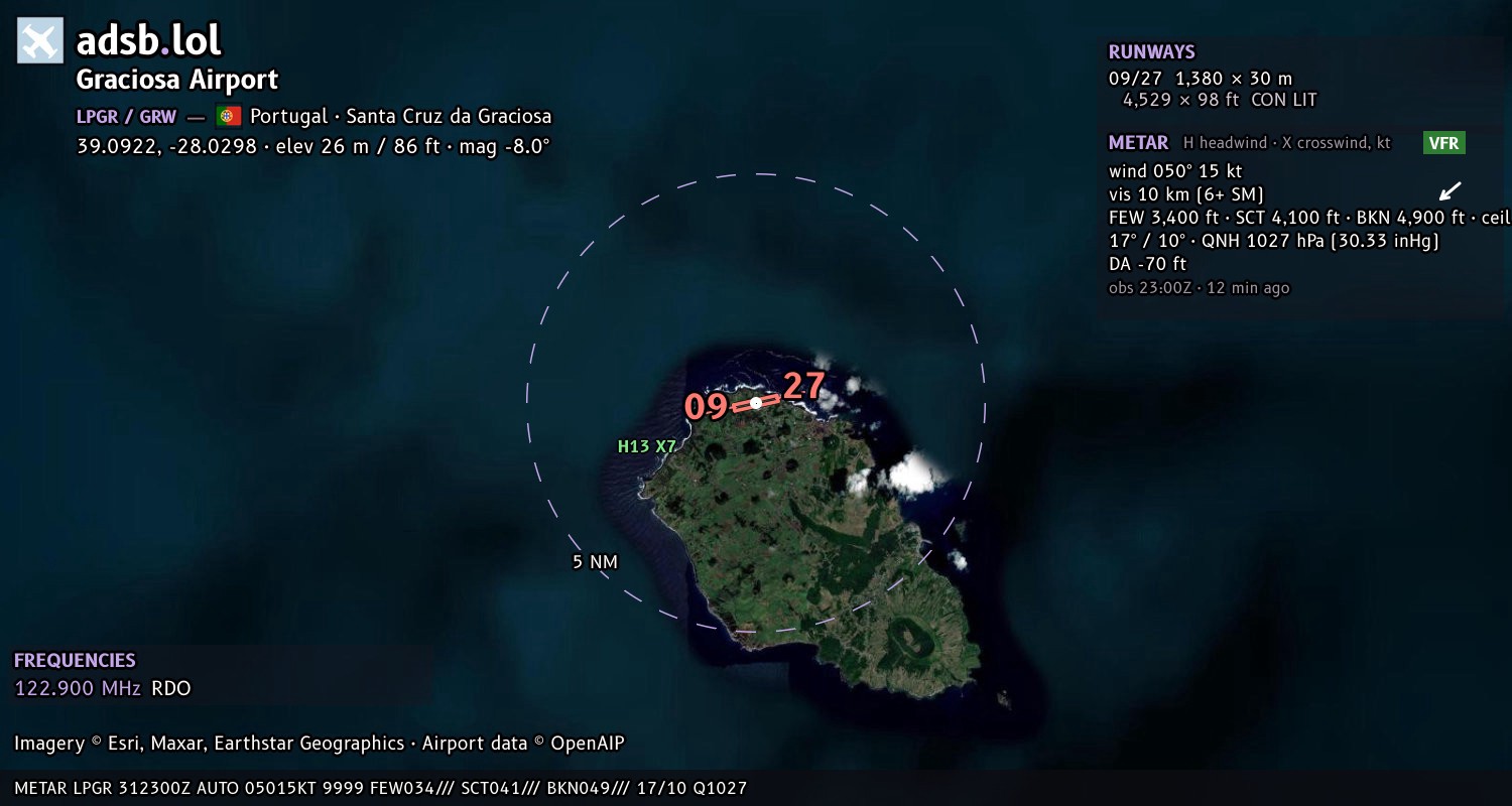 Satellite map with the runway layout of Graciosa Airport (LPGR)
