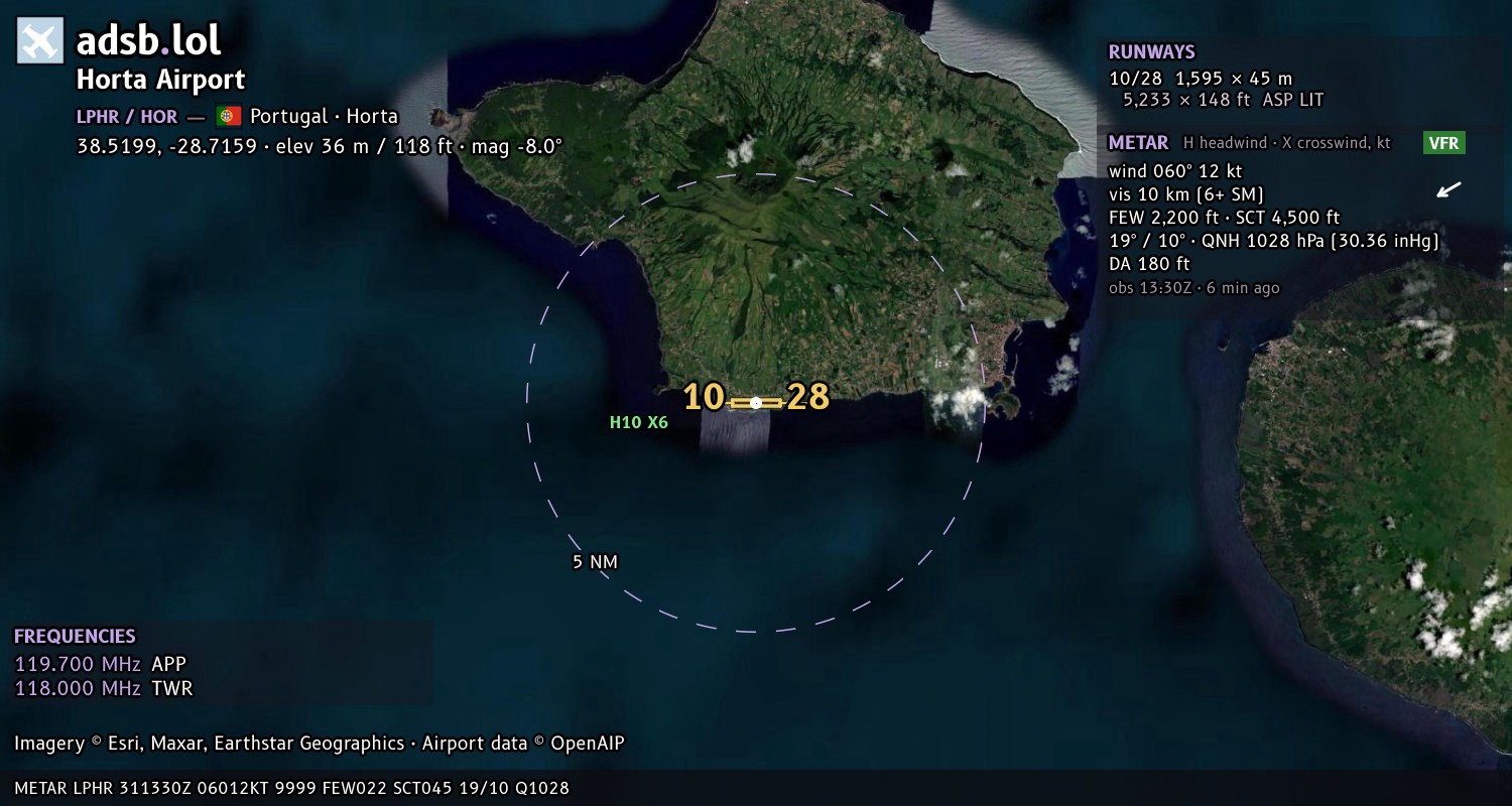 Satellite map with the runway layout of Horta Airport (LPHR)