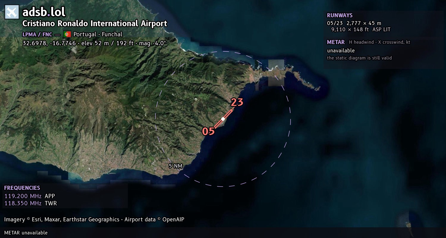Satellite map with the runway layout of Cristiano Ronaldo International Airport (LPMA)