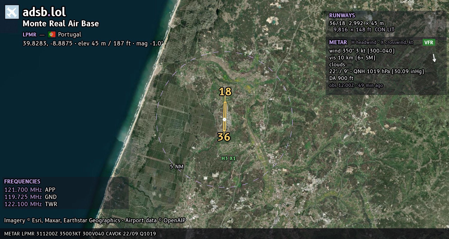Satellite map with the runway layout of Monte Real Air Base (LPMR)