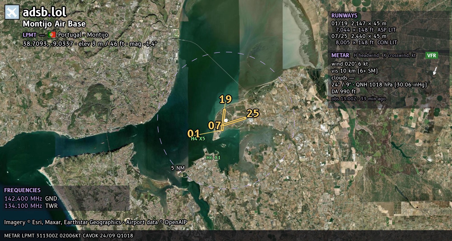 Satellite map with the runway layout of Montijo Air Base (LPMT)